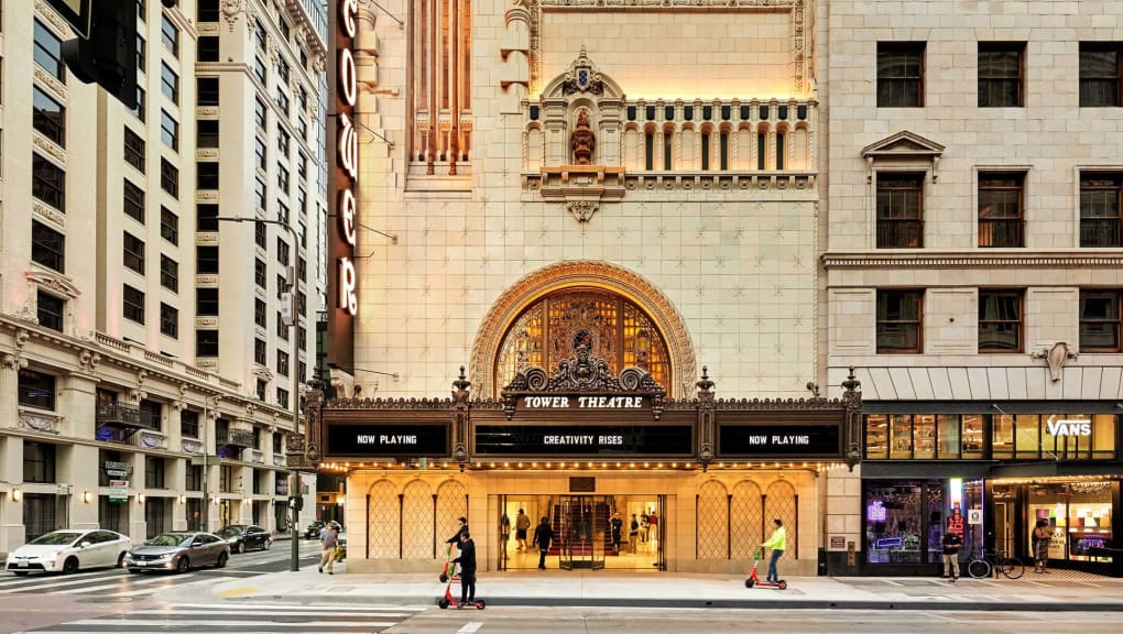 Exterior view of the entrance of the Tower Theatre Flagship Store