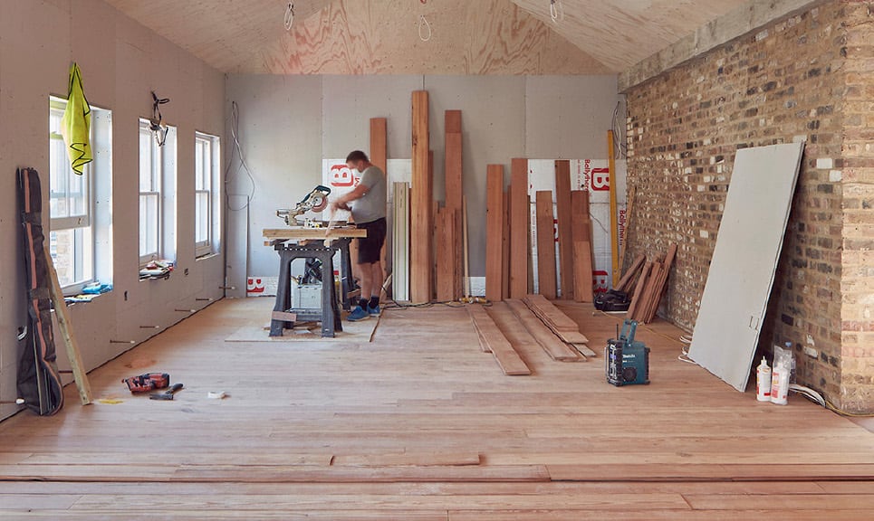 Interior view of construction work in the Yorkton Street Workshops