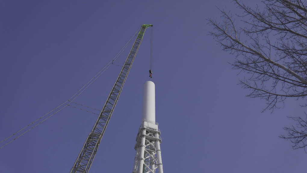 Prestressed Concrete Filled Steel Tubular (CFST) lattice tower, construction. Copyright: Chongqing University and CSSC Haizhuang Windpower Co., Ltd, 2025.