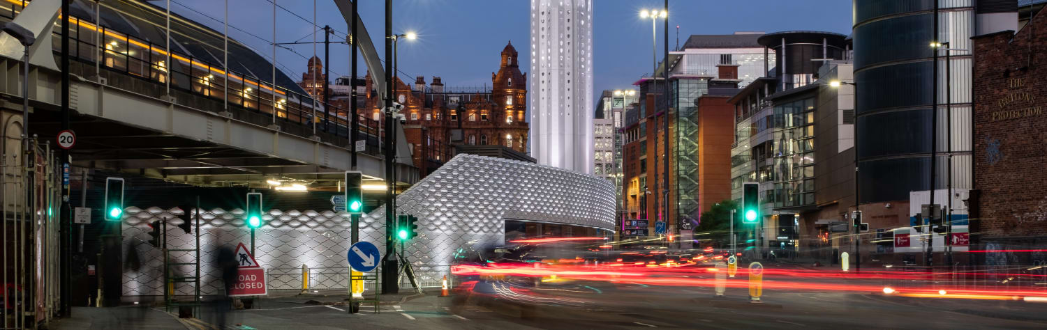 Exterior night view of the Tower of Light