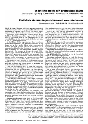 Short end blocks for prestressed beams Discussion on the paper by J. H. Rydzewski  and F. F. Whitbre