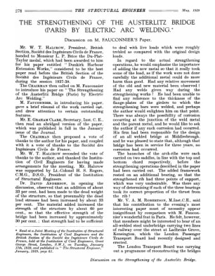 The Strengthening of the Austerlitz Bridge (Paris) by Electric Arc Welding. Discussion on M. Fauconn