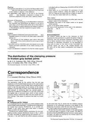 Correspondence on The Distribution of the Clamping Pressure in Friction-grip Bolted Joints by M.S.G.