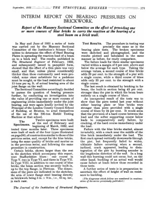 Interim Report on Bearing Pressures on Brickwork. Report  of the Masonry Sectional Committee on the 