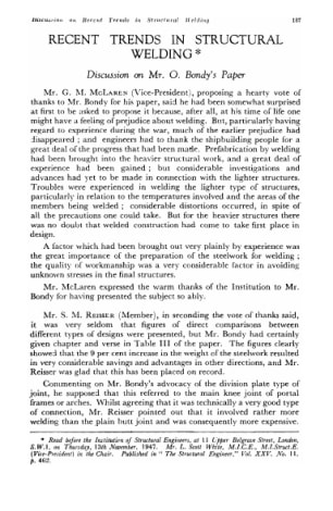 Recent Trends in Structrual Welding. Discussion on  Mr. O. Bondy's Paper