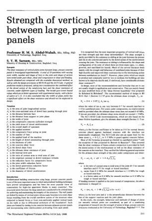 Strength of Vertical Plane Joints Between Large, Precast Concrete Panels