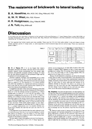 Discussion on The Resistance of Brickwork to Lateral Loading by B.A. Haseltine, H.W.H. West, H.R. Ho