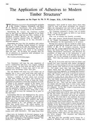 The Application of Adhesives to Modern Timber Structures  Discussion on the Paper by Mr. D.W. Cooper