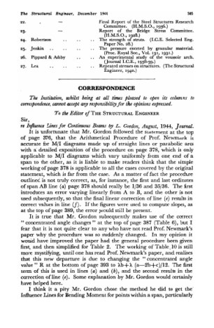 Correspondence. Influence Lines for Continuous Beams by L. Gordon, August, 1944, Journal.