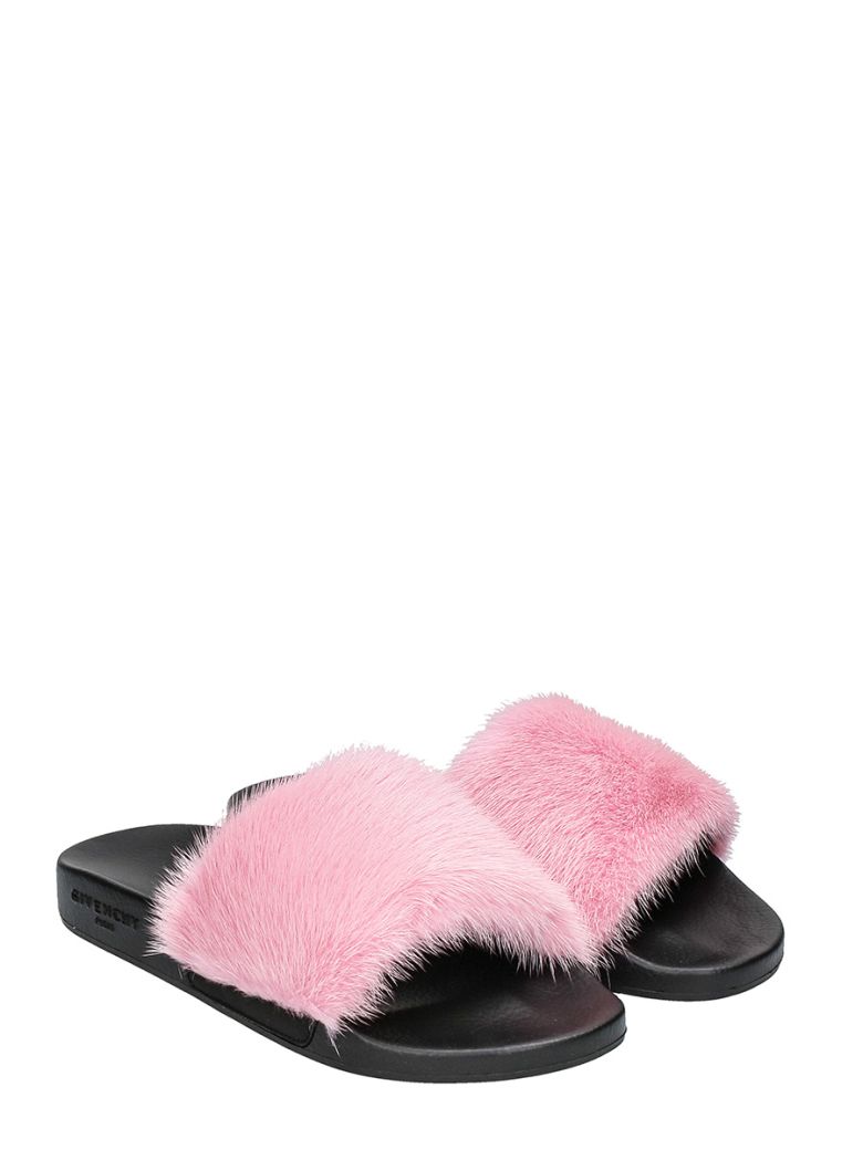 GIVENCHY Mink Fur Rubber Slide Sandals, Pink in Bright Pink | ModeSens