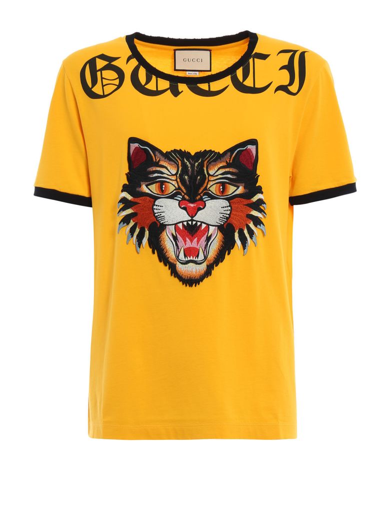 GUCCI COTTON T-SHIRT WITH ANGRY CAT APPLIQUÉ, LIMON MULTI | ModeSens