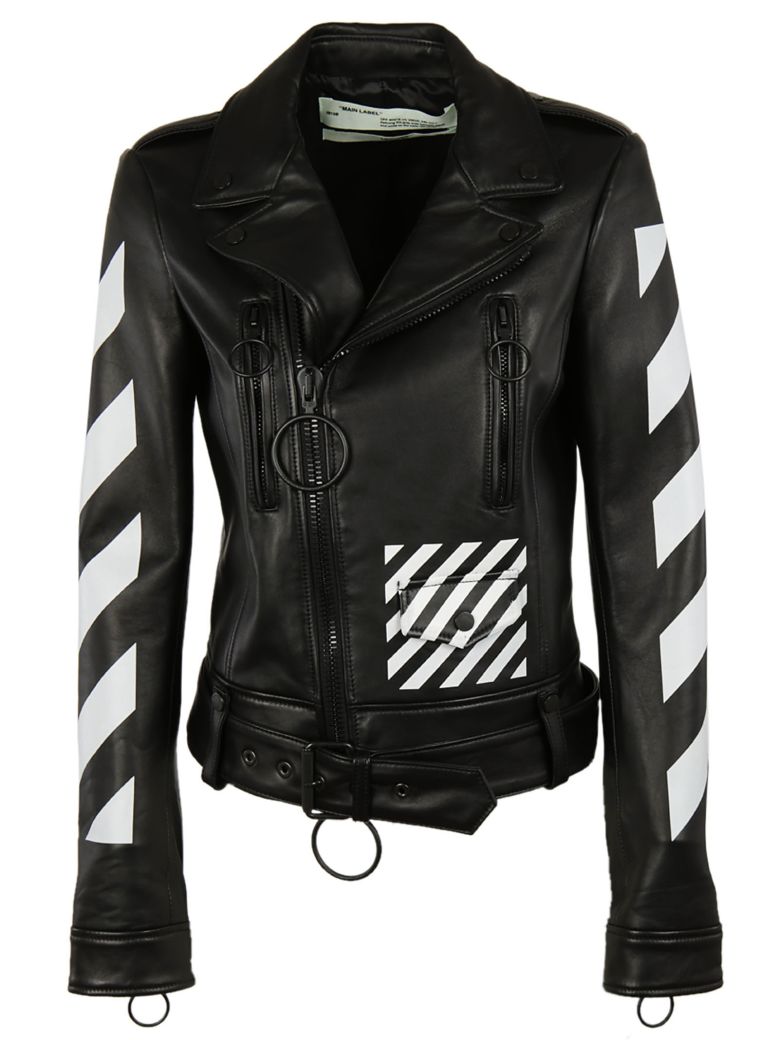 OFF-WHITE Black Leather 'Woman' Diagonal Biker Jacket in Black/White ...