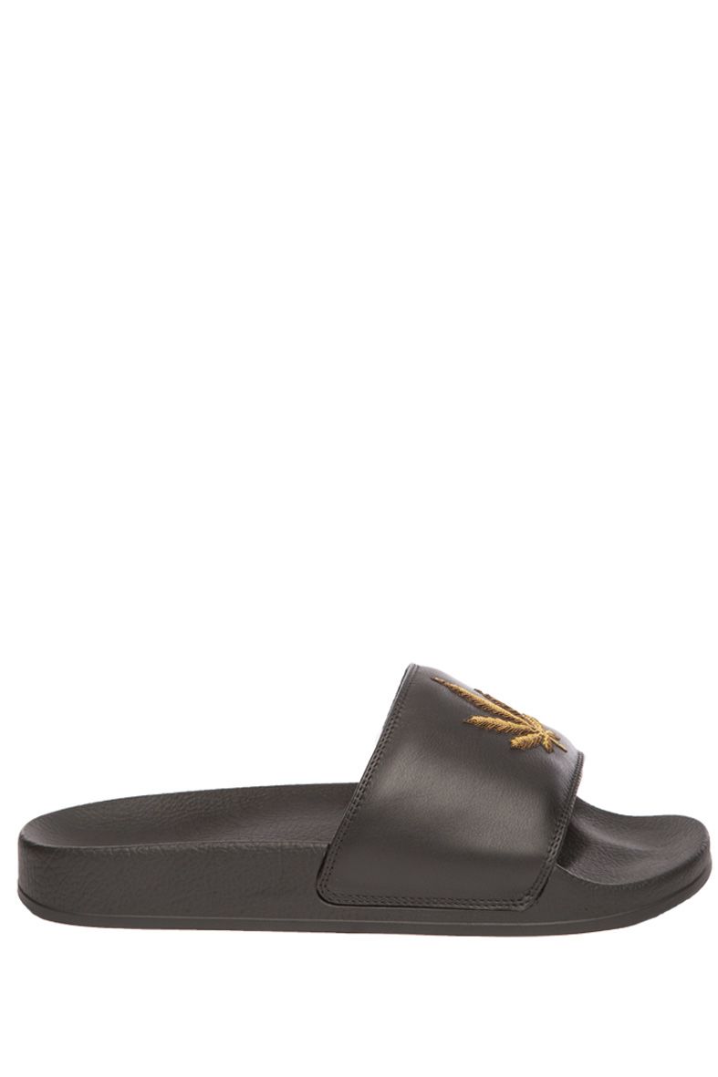 PALM ANGELS Weed-Embroidered Leather Pool Sliders in Black | ModeSens