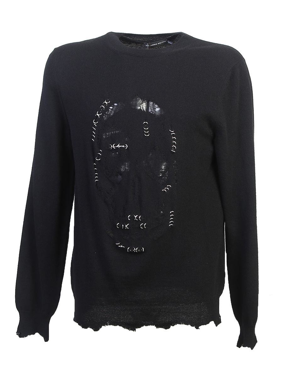 ALEXANDER MCQUEEN 'Punk Skull' Metal Ring Distressed Sweater in Grey ...