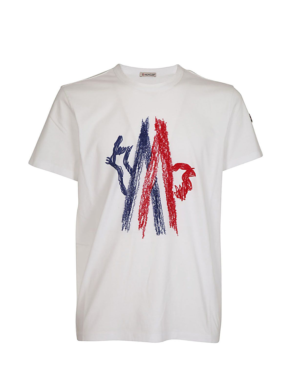 Moncler Embroidered Mountain Logo Crewneck T-Shirt, White/Red/Blue In