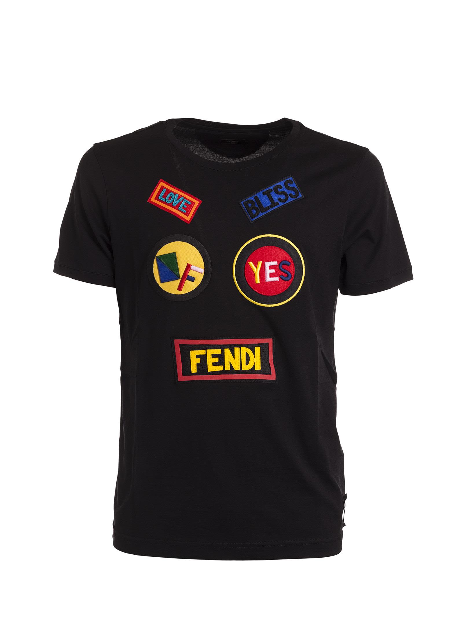 FENDI Patch Appliqué Cotton-Jersey T-Shirt, Black | ModeSens