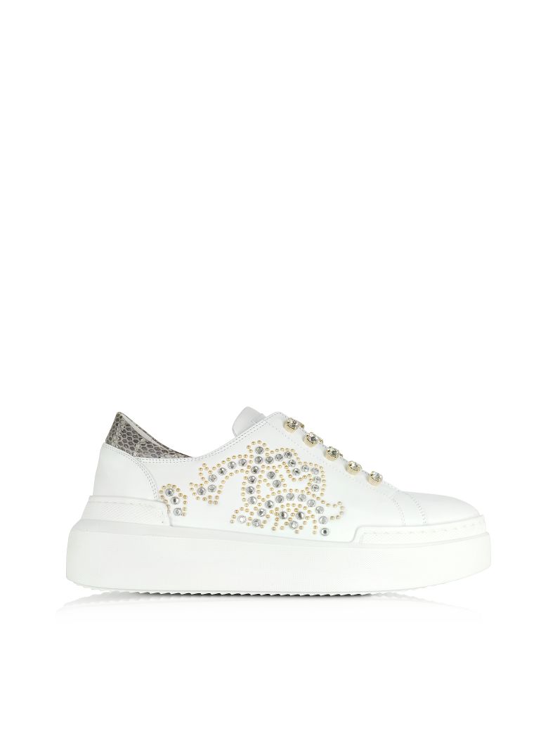 ROBERTO CAVALLI PURE WHITE LEATHER AND CRYSTALS SLIP ON SNEAKERS,10591134
