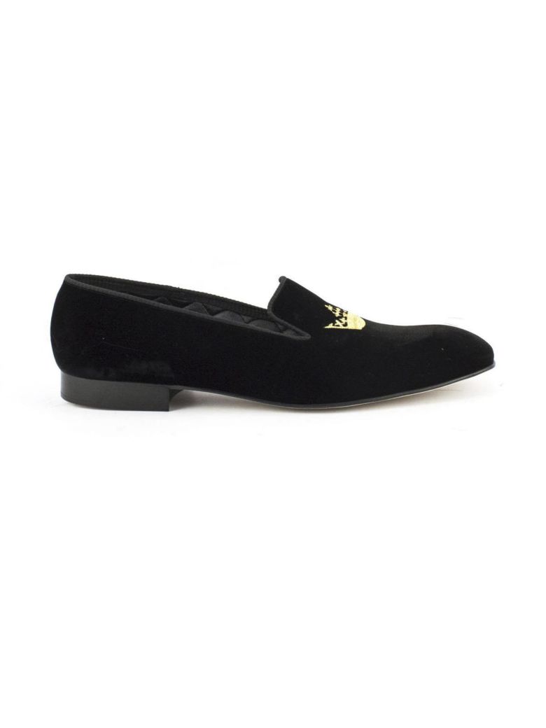 CHURCH'S SOVEREIGN BLACK VELVET MOCASSIN WITH CROWN EMBROIDERY,10565802