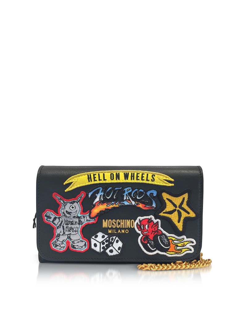 MOSCHINO BLACK LEATHER WALLET CLUTCH W/PATCHES,10590919