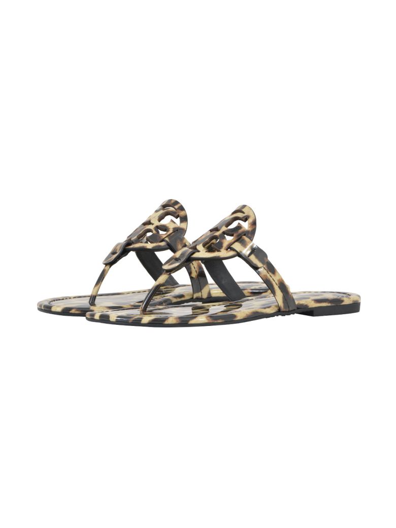 TORY BURCH Miller Natural Leopard Print Leather Flat Sandals | ModeSens