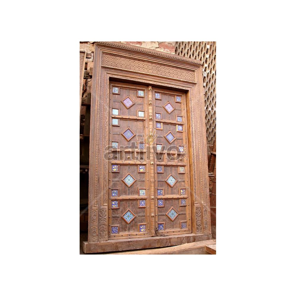 Vintage Indian Carved Plush Solid Wooden Teak Door With Multicolor