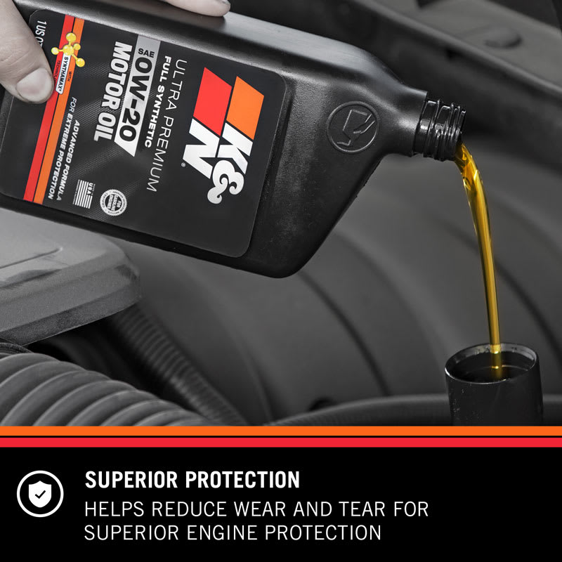 K&N full synthetic motor oil being poured into an engine