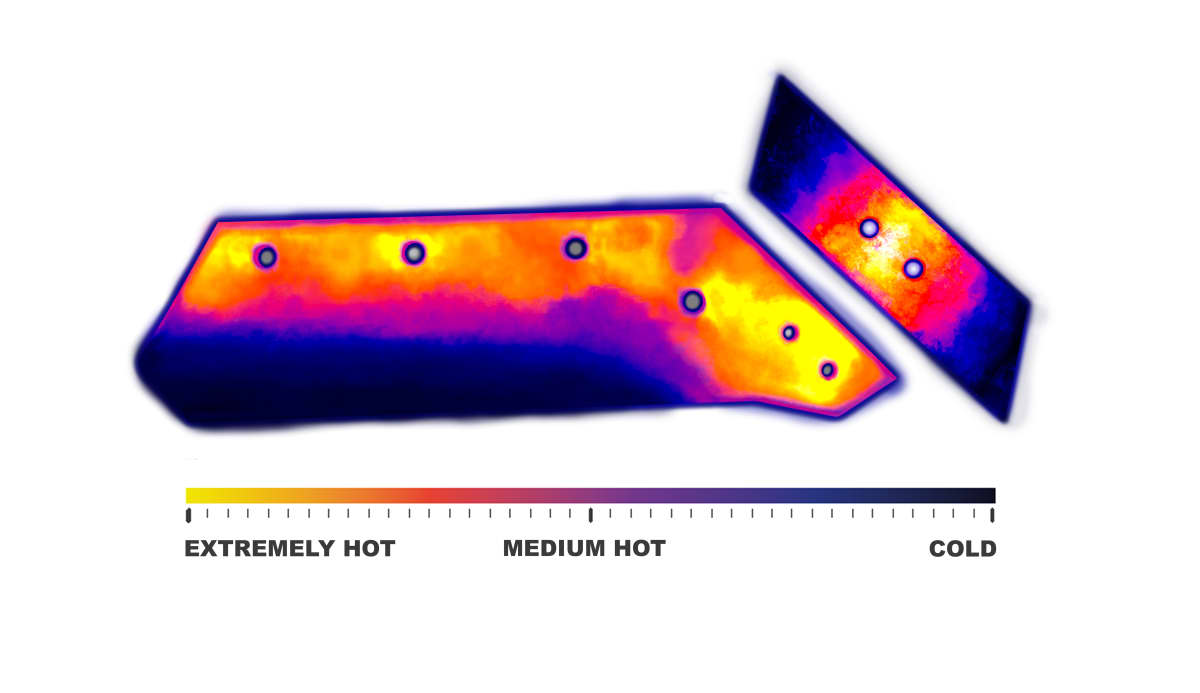 Thermal map of two plough components showing varying heat zones, with red and orange indicating areas of high wear and friction, and blue and purple representing cooler, less stressed regions.