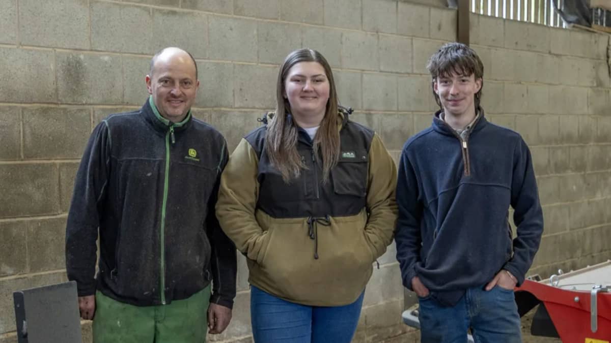 Scott Hall, pictured with daughter Martha and Dom Ravenscroft, at K Hall & Son’s 1,000-acre Farm in Yorkshire, England