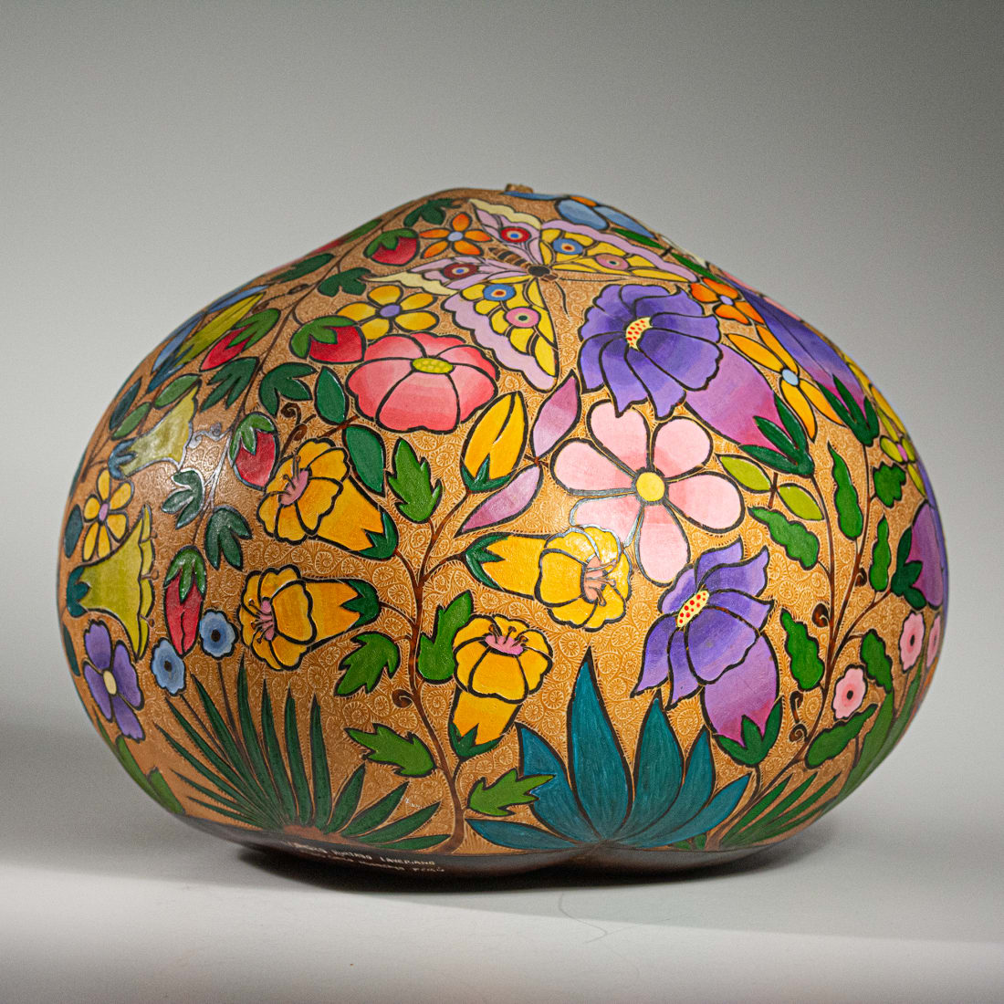 Fair Trade Flowers Butterflies Finely Carved Painted Gourd