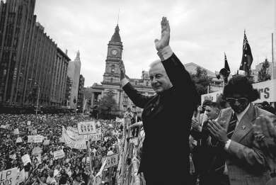 Gough Whitlam addressing a political rally in Melbourne City Square, 1975