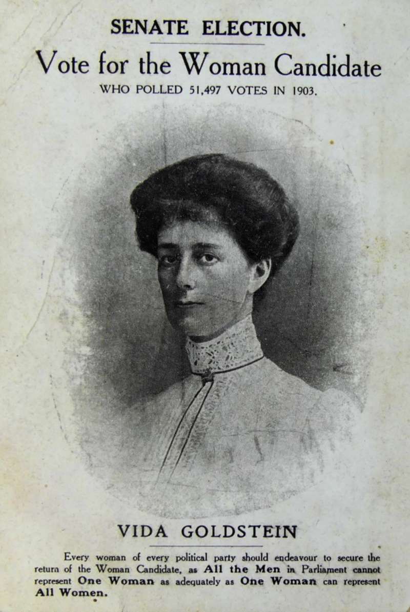 Vida Goldstein’s 1910 campaign postcard. Museum of Australian Democracy Collection.