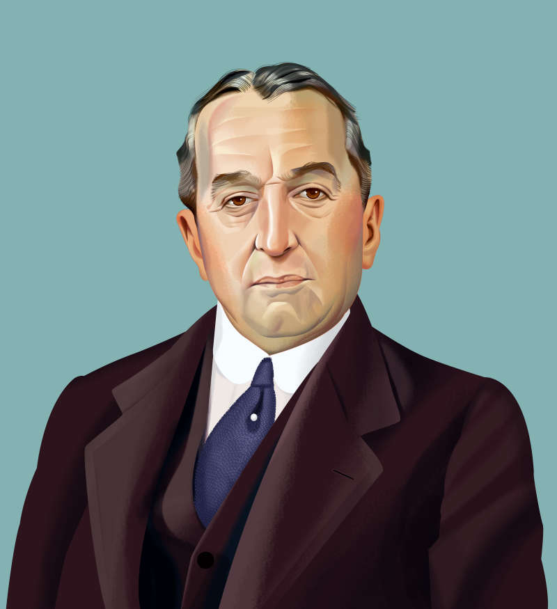 An illustrated cartoon of Stanley Bruce staring at the camera with a serious expression and blue background. He wears a brown jacket, vest and a blue tie.