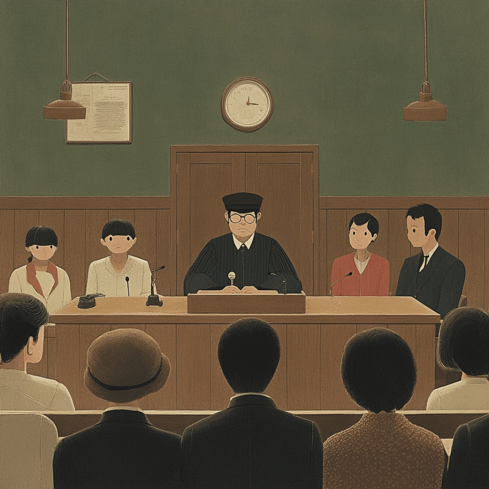 A courtroom scene with a judge presiding over a case