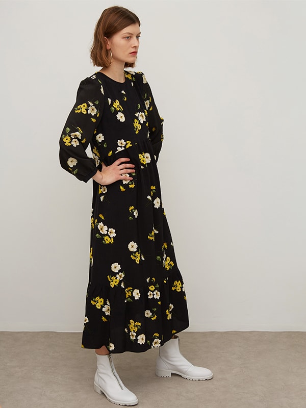 Black and Yellow Floral Rachel Babydoll Midi Dress | Nobody's Child