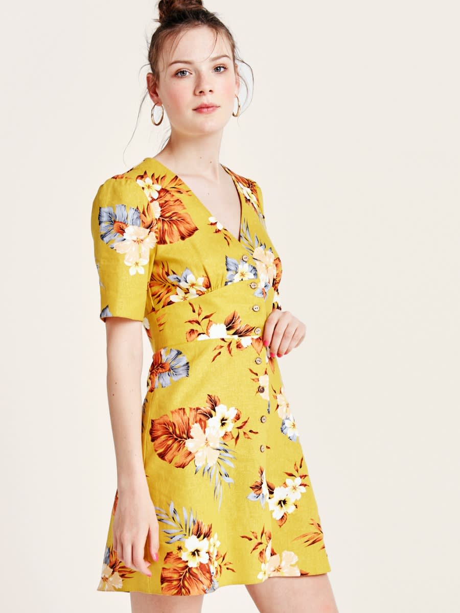 Yellow Tropical Alexa Linen Blend Mini Dress | Nobody's Child