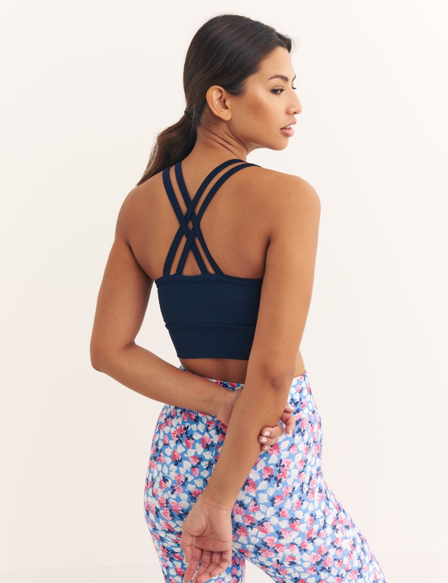 Navy Plain Ruched Front Strappy Back Crop Top