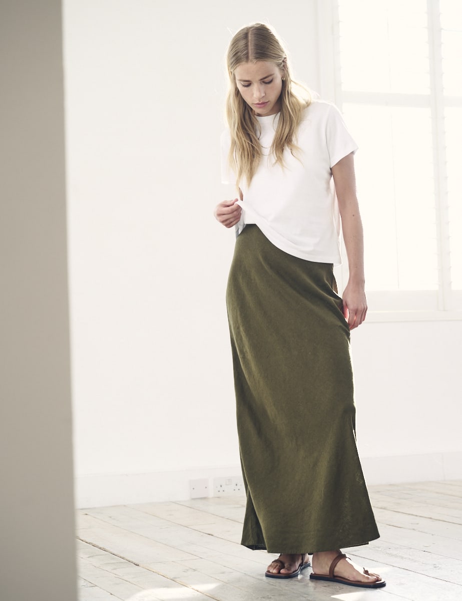 Khaki Green Linen-blend Mila Midi Skirt