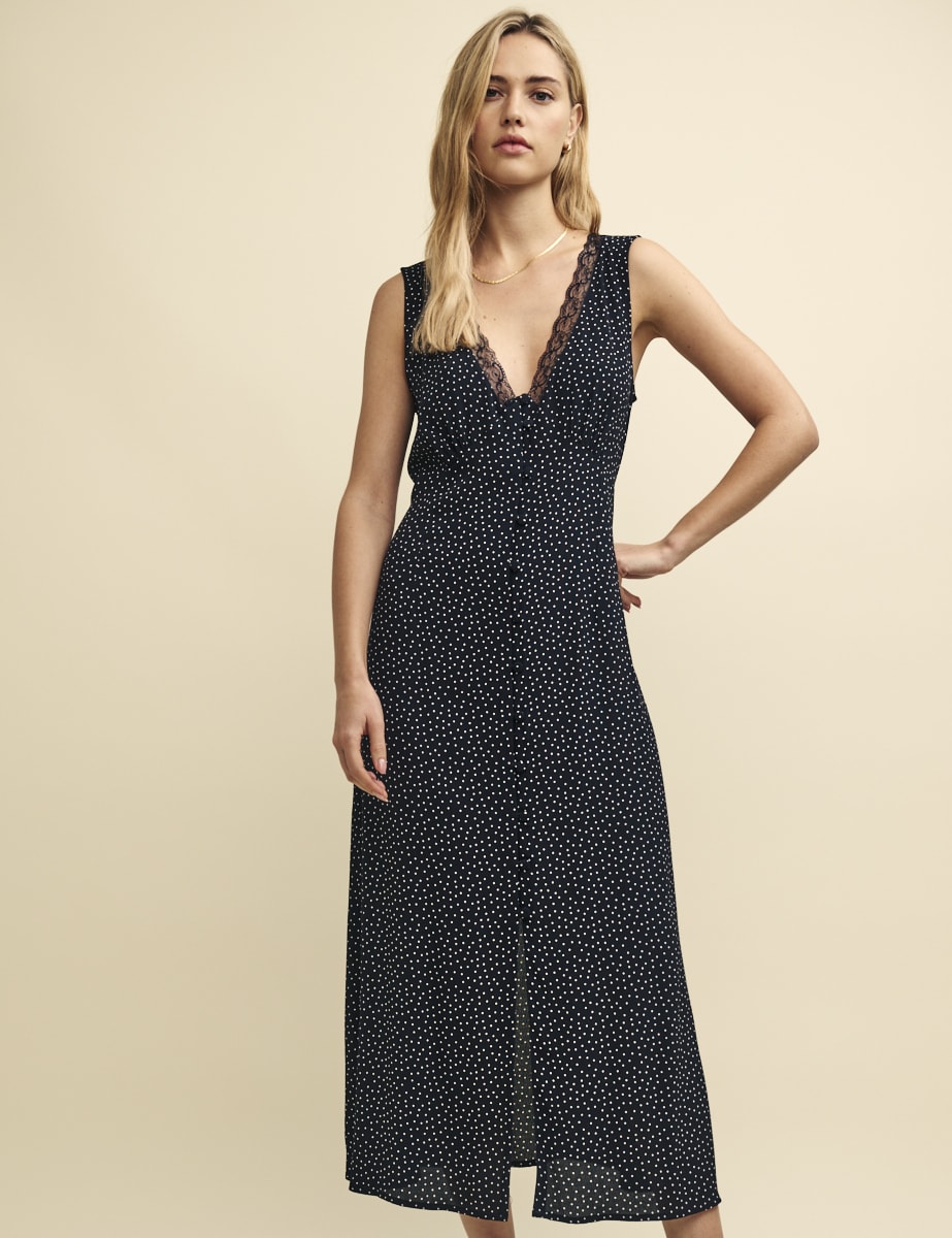 Black Spot Print Lace Trim Joni Midi Dress