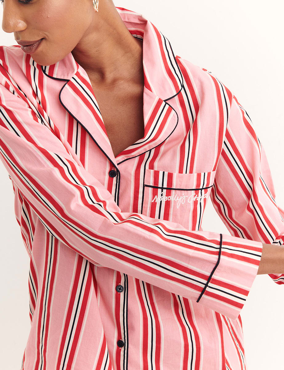 Pink 3D Stripe Long Sleeve Classic Woven Cotton Sateen PJ Set