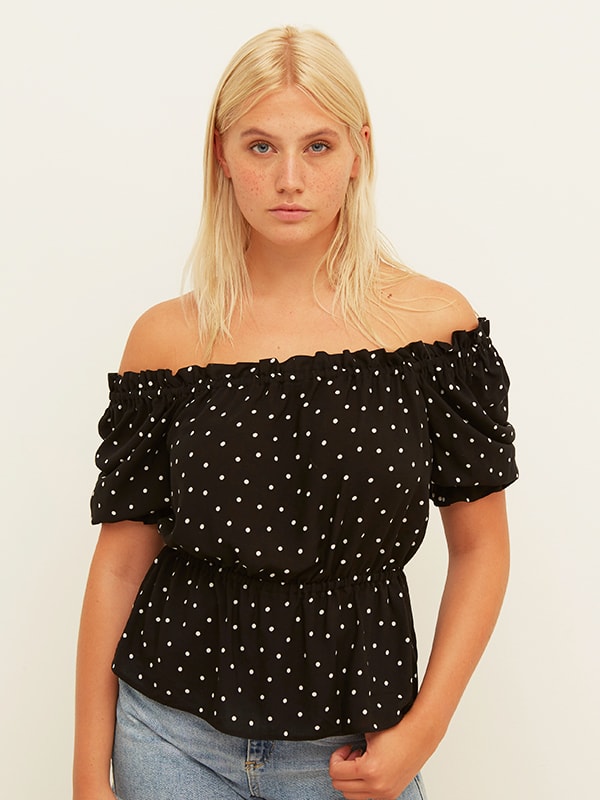 Lenzing EcoVer Black and White Polka Dot Nellie Square Neck Puff Sleeve Top