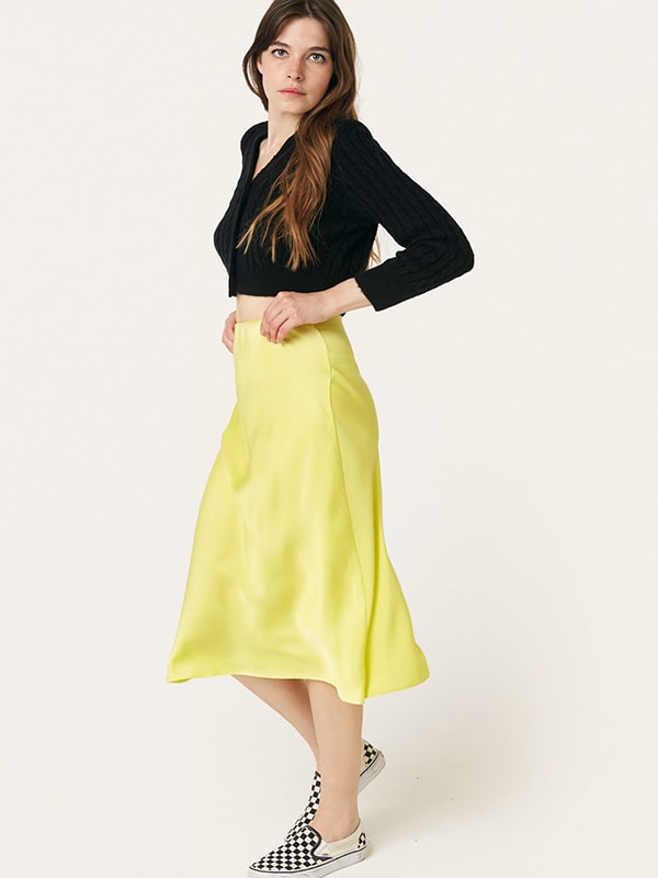 Yellow Katy Bias Satin Midi Skirt
