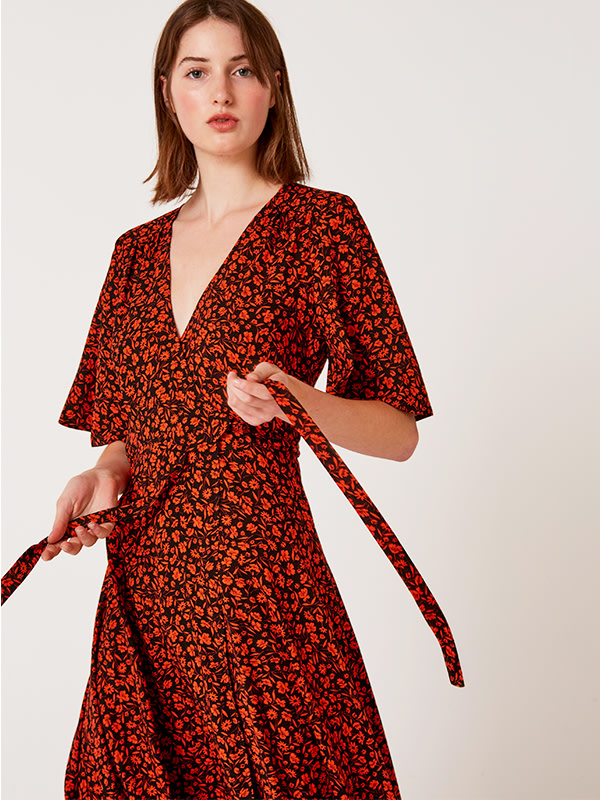 Black and Red Floral Willow Wrap Midi Dress