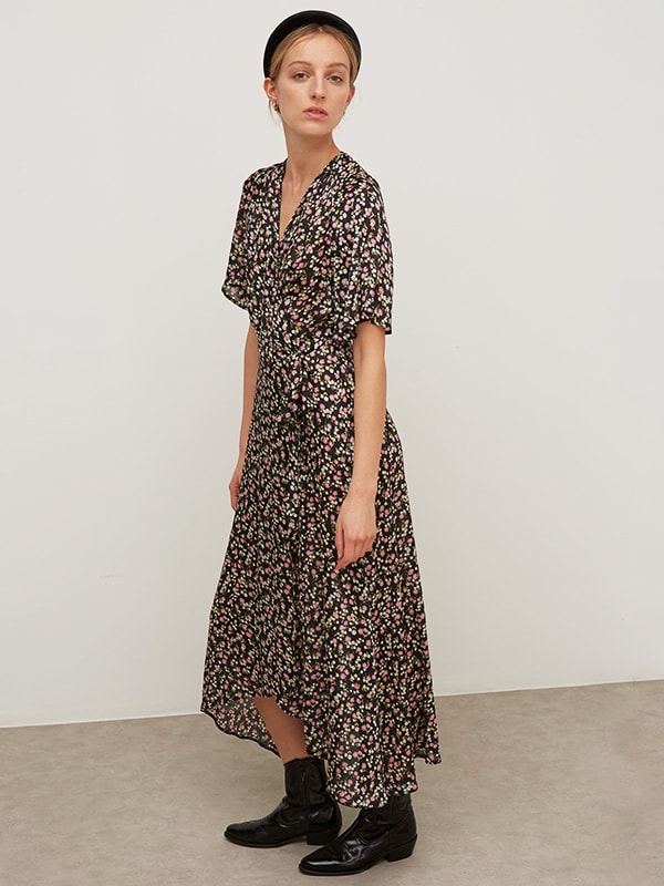 Black and Pink Ditsy Willow Wrap Midi Dress