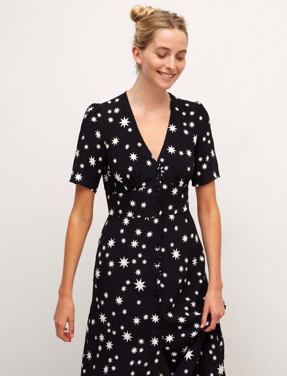LENZING™ ECOVERO™ Black and White Scatter Star Alexa Midi Dress