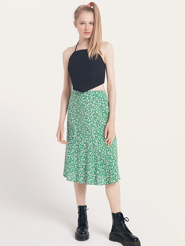Green and White Floral Fran Slip Midi Skirt