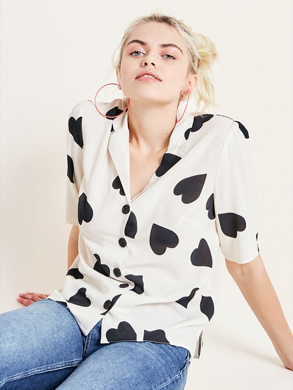 Cream and Black Large Heart Print Blouse