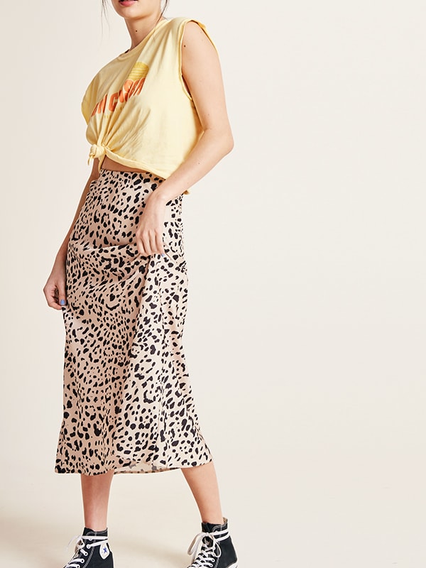 Cream Leopard Print Katy Bias Satin Skirt