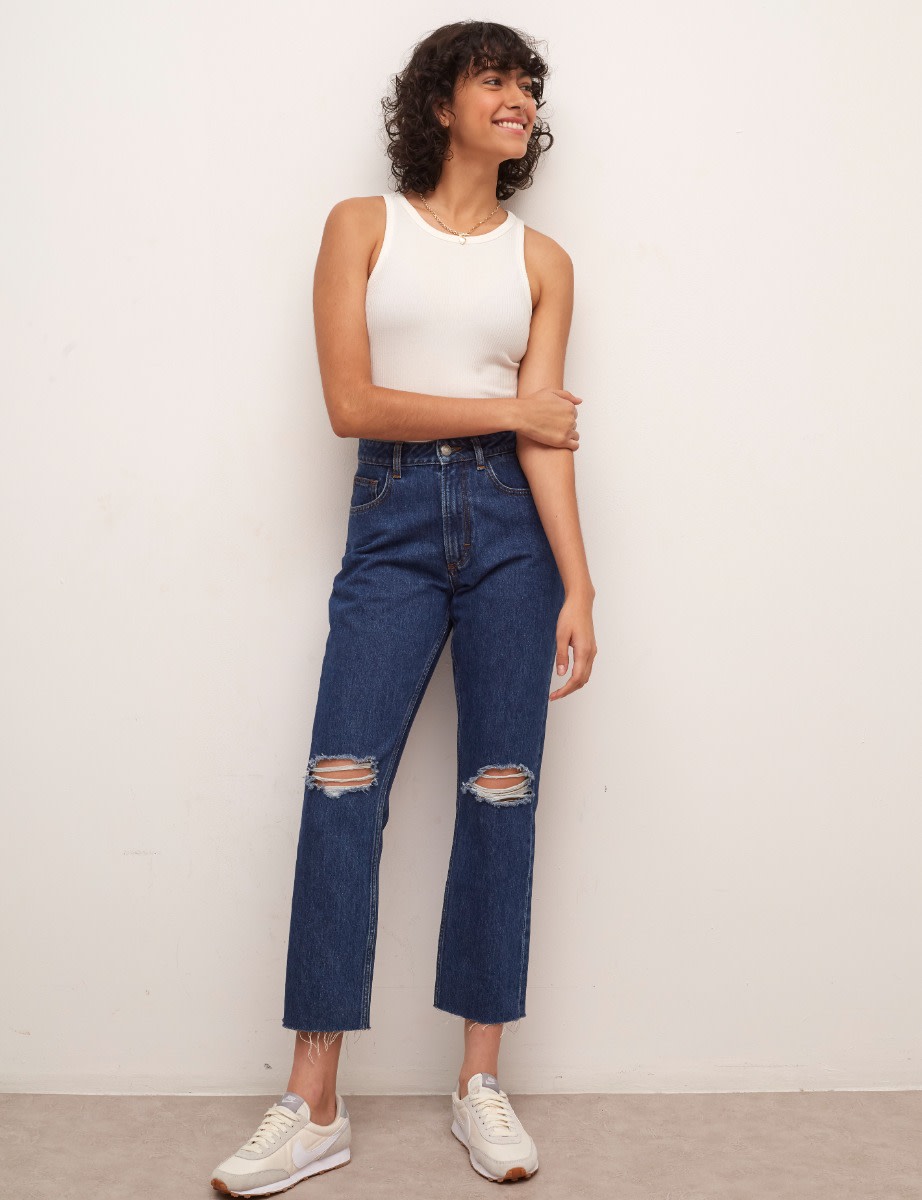 Mid Rise Cropped Straight Jean Ripped Indigo