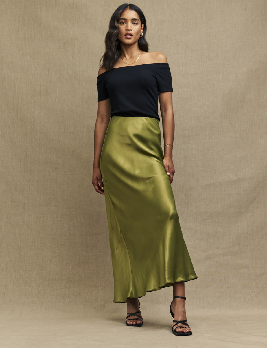 Olive Green Mila Satin Maxi Skirt