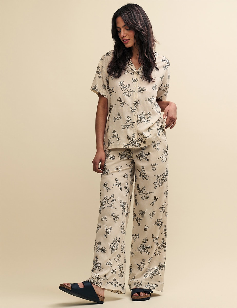 Cream Embroidered Wildflower Linen-Blend Melody Trousers